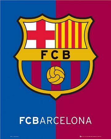 plakat przedstawiający godło klubu piłkarskiego FC Barcelona na tle dwóch pionowych pasów granatowego i bordowego