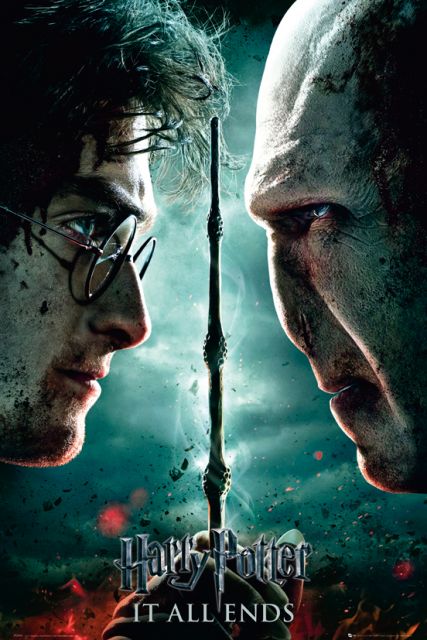plakat It all ends do 7 części Harrego Pottera Insygnia Śmierci z Potterem i Lord-em Voldemort-em.