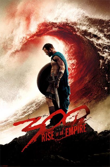 Plakat z filmu ''300 Spartan'' z wojownikiem Temistoklesem na tle fali krwi