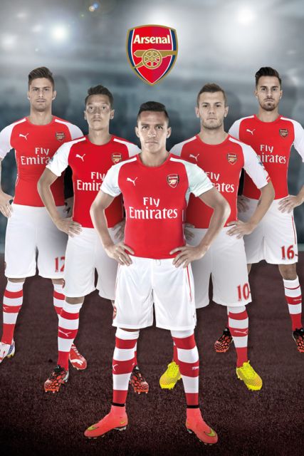 Duży plakat z zawodnikami londyńskiej drużyny piłkarskiej Arsenal z Mathieu Debuchy'a, Oliviera Giroud, Mesuta Ozila, Alexisa Sancheza i Jacka Wilshere'a