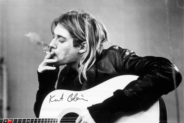czarno-biały plakat Kurta Cobaina (Nirvany) z gitarą i papierosem