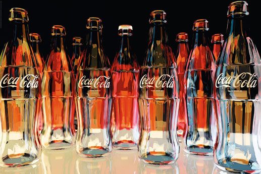 plakat przedstawiający szklane butelki po Coca Coli