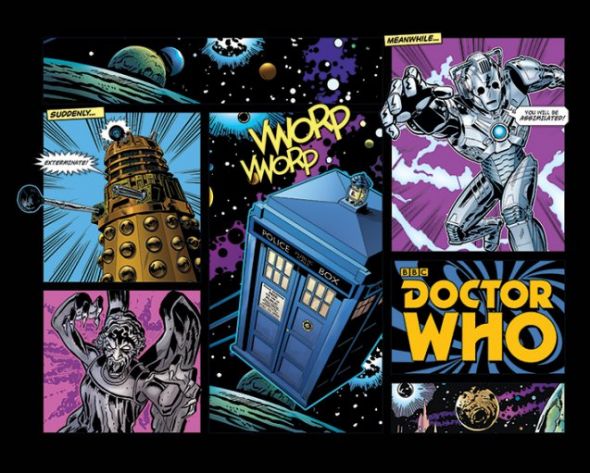 plakat pokazujący układ komiksowy Doctor Who