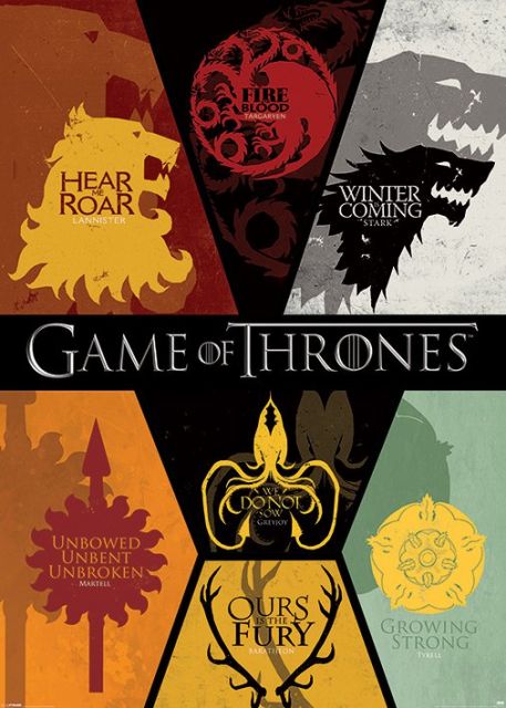 plakat z herbami Lannisterów, Targarianów, Starków, Martelów i innych rodów z serialu gra o tron