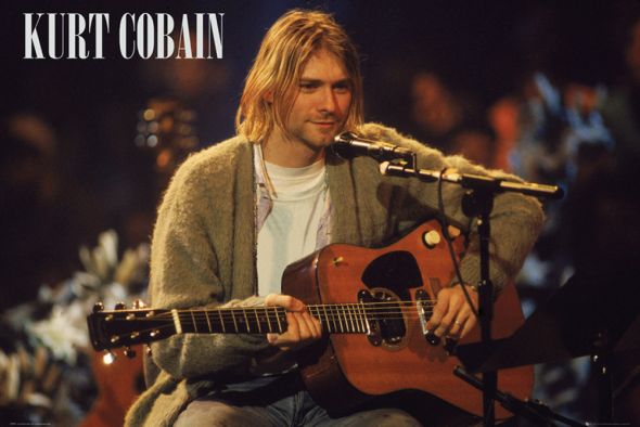 Plakat na ścianę z Kurem Cobainem grającym na gitarze