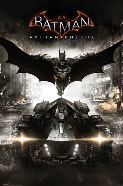 plakat Batman Arkham Rycerz przedstawiający płynącego w przestworzach nad płonącym Gotham City i jadącym poniżej czołgiem Batmana który na co dzień jest Brucem Wayne'm