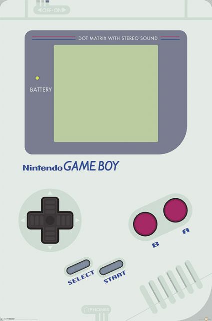 Biały gameboy Nintendo na plakacie
