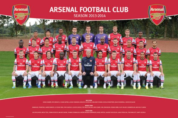 Plakat z zdjęciem drużyny i trenera klubu arsenal Londyn na sezon 13/14