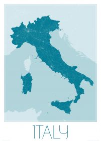 niebieska mapa ścienna o wymiarach 50x70 cm zatytułowana Italy, blue