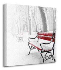 perspektywa canvasu z czerwoną zaśnieżoną ławką w parku