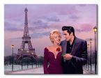 Obraz na płótnie przedstawia Marilyn Monroe i Elvisa Presleya spacerujących pod wieża Eiffla