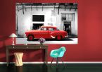 aranżacja fototapety przedstawiającej czerwony Cadillac na tle białej ściany w salonie z czerwonymi dodatkami