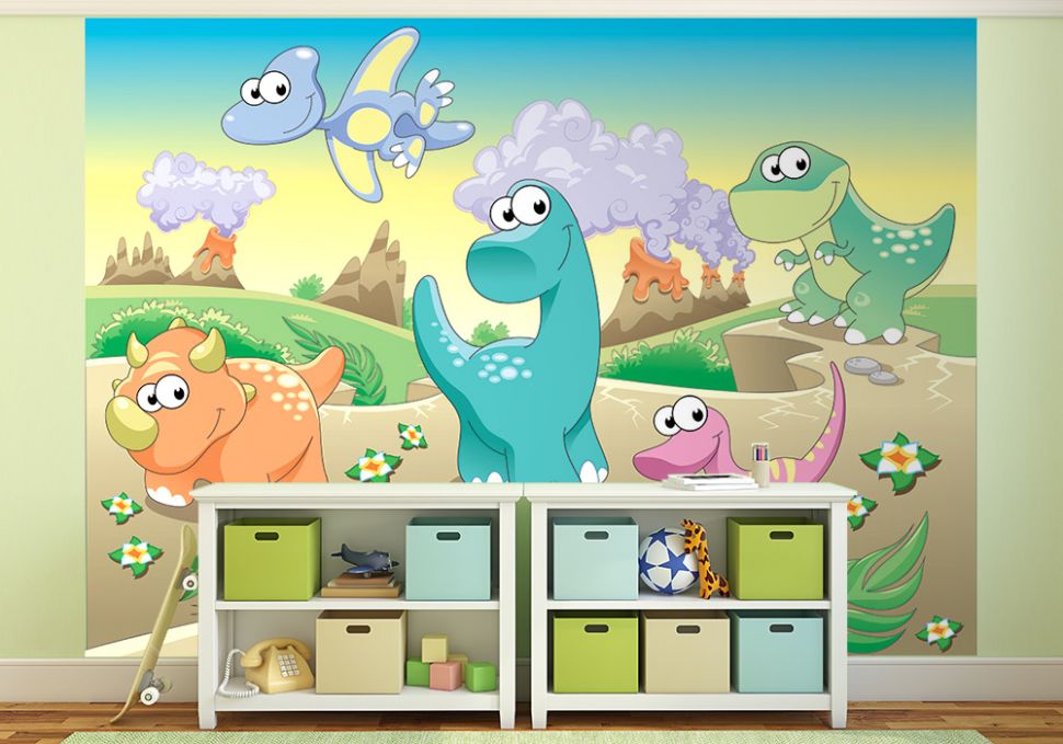 aranżacja fototapety z kolorowymi dinozaurami w pokoju dziecięcym
