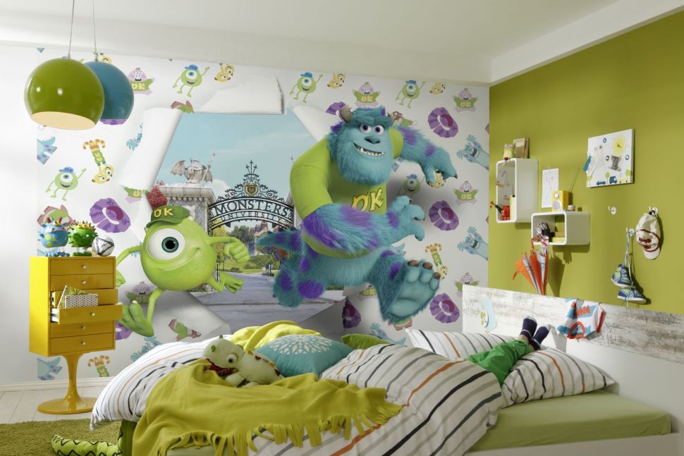 Pokój dla dziecka z fototapetą na ścianie z bajki Disneya pod tytułem Uniwersytet Potworny