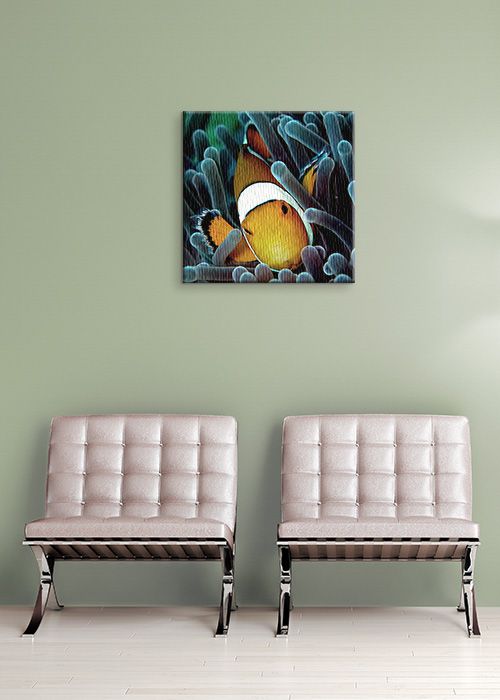 obraz z błazenkiem w naturalnym środowisku w pokoju z miętową ścianą nad dwoma fotelami