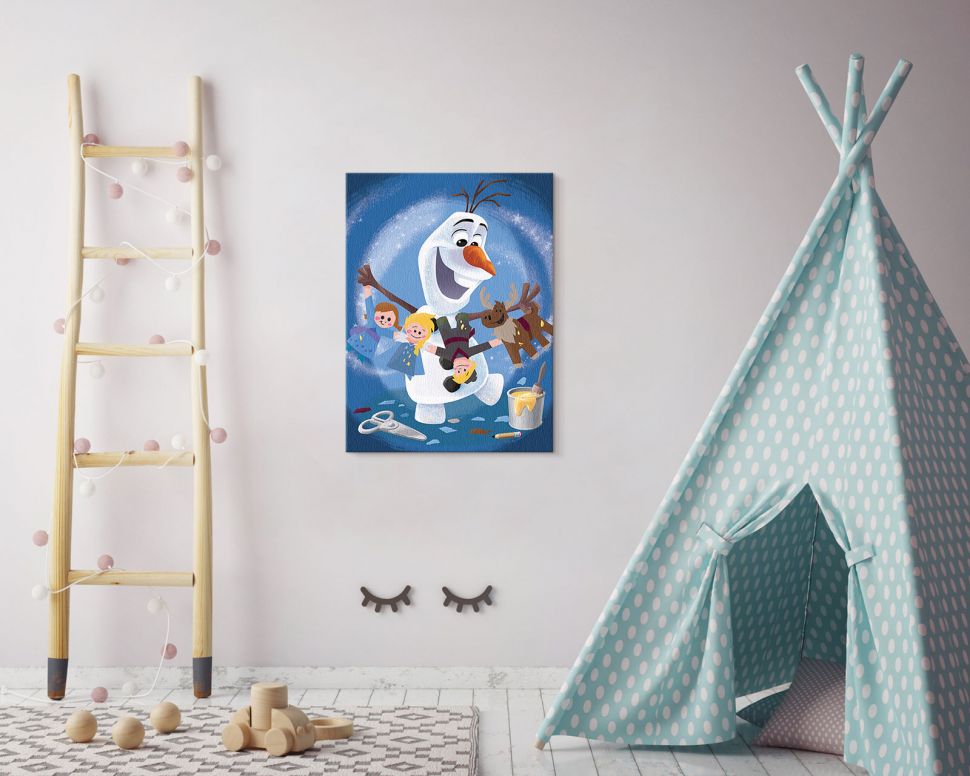 Obraz na płótnie z Olafem z Przygody Olafy wiszący w pokoju dziecięcym obok namiotu tipi
