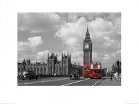 reprodukcja przedstawiająca dwa czerwone autobusy piętrowe na tle Big Bena w Londynie