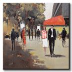 kwadratowy obrazek ze spacerującymi ludźmi po paryskich uliczkach